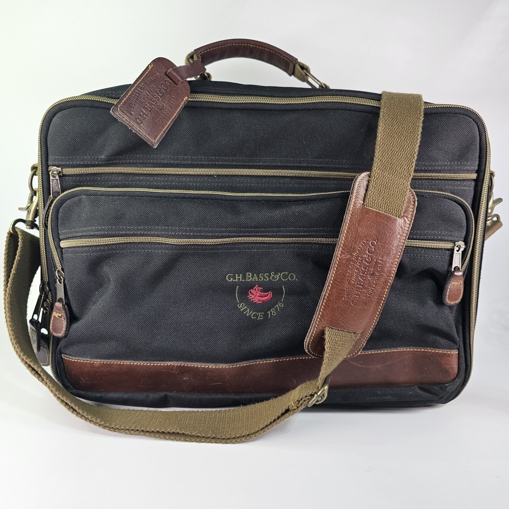 Vtg GH Bass Messenger Briefcase Shoulder Laptop Padded Leather Nylon Zip Case
